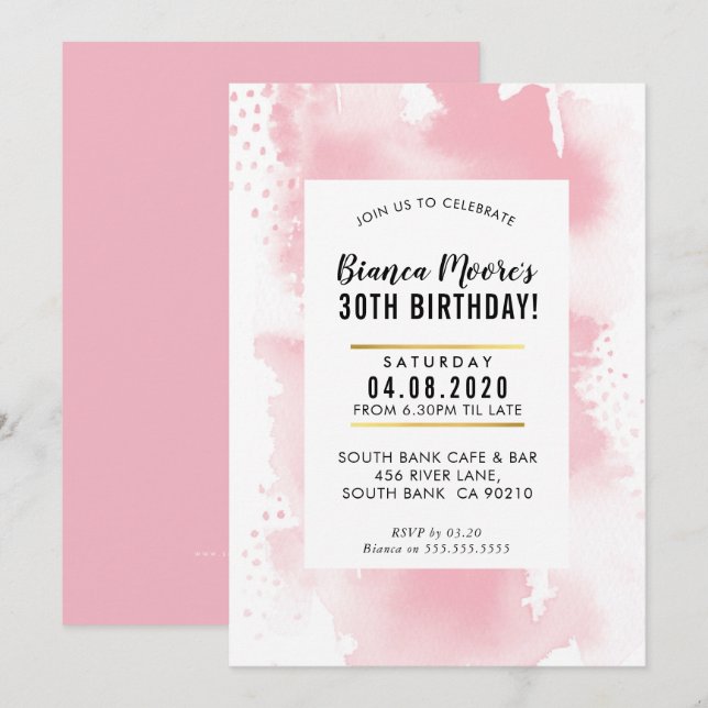 BIRTHDAY PARTY INVITE modern watercolor pale pink (Front/Back)