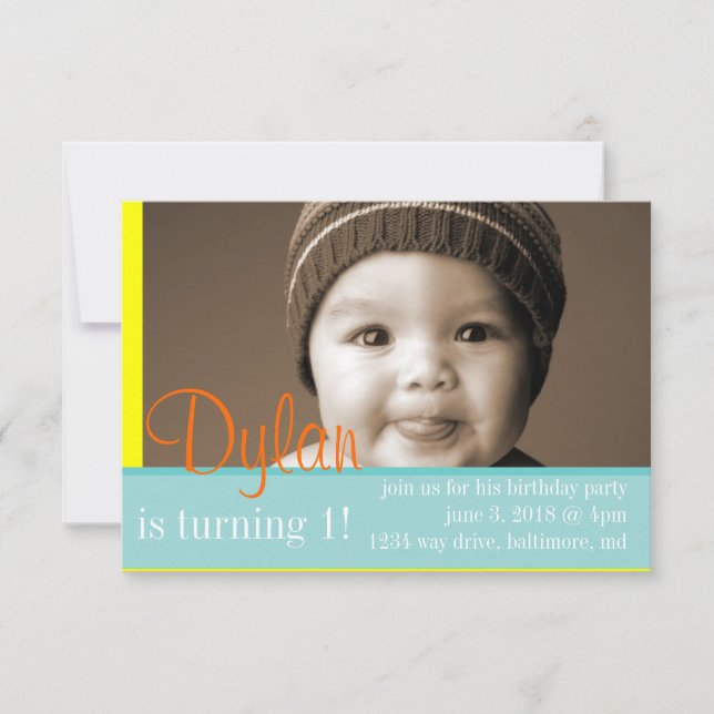 Birthday Party Invite My Photo Blue Yellow Orange (Front)
