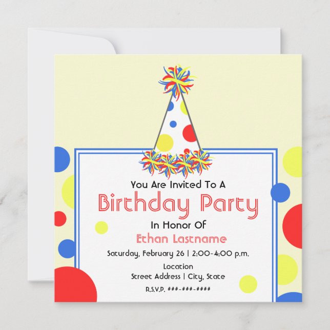 Birthday Party Invite - Polka Dot Birthday Hat (Front)