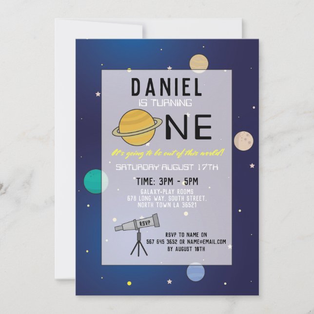 Birthday Party Invite Space Galaxy Planets 1st One (Front)