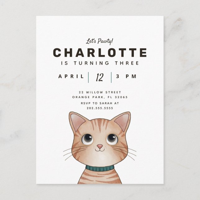 Birthday party invite with cute little cat (Front)