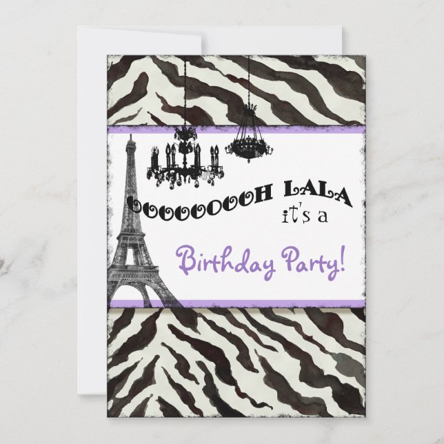 Birthday Party Invite, Zebra, Eiffel Tower Invitation (Front)