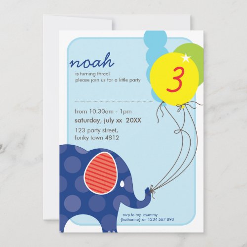 BIRTHDAY PARTY INVITES  elephant  balloons 3P