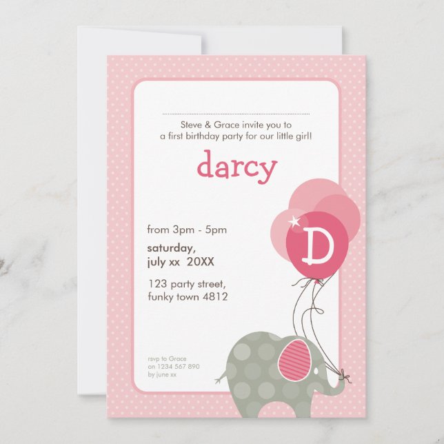 BIRTHDAY PARTY INVITES :: elephant + balloons 3P (Front)