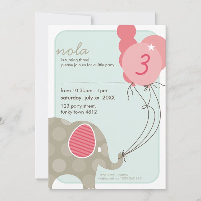 BIRTHDAY PARTY INVITES :: elephant + balloons 4P (Front)