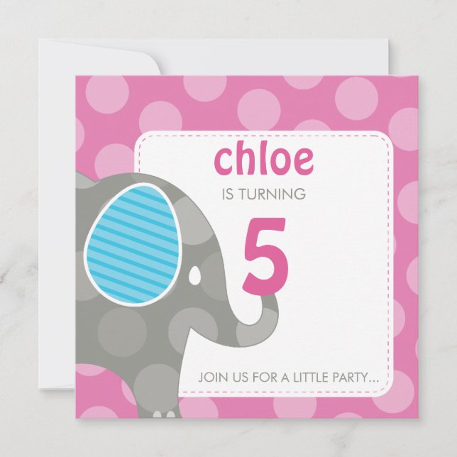 BIRTHDAY PARTY INVITES :: elephant + number 5SQ (Front)