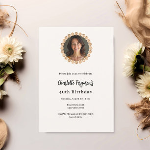Birthday party ivory rose gold diamond photo invitation