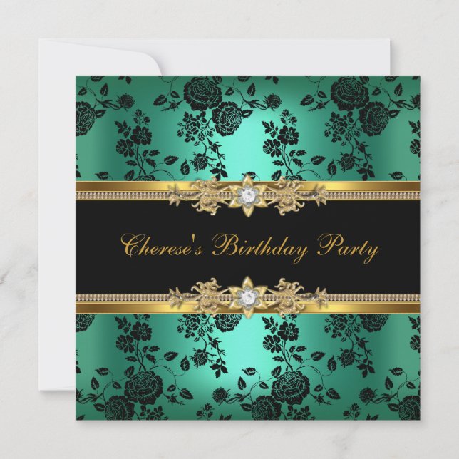 Birthday Party Jade Damask Gold Black Diamond Invitation (Front)