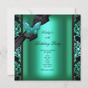 Birthday Party Jade Green Black Damask Butterfly Invitation