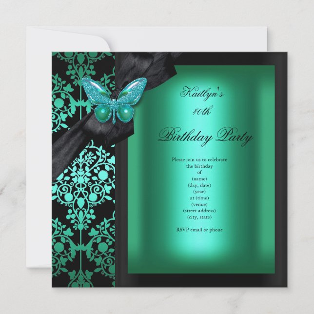 Birthday Party Jade Green Damask Butterfly Invitation (Front)