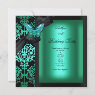 Birthday Party Jade Green Damask Butterfly Invitation