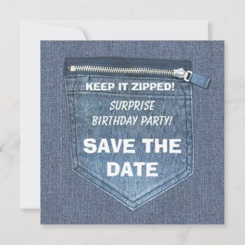 Birthday Party Keep It Zipped Denim Save The Date by Sarah_Designs at Zazzle