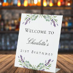 Birthday party lavender eucalyptus welcome pedestal sign<br><div class="desc">A chic white background. Decorated with lavender florals,  flowers and eucalyptus greenery.  Personalize and add name and age/event.</div>
