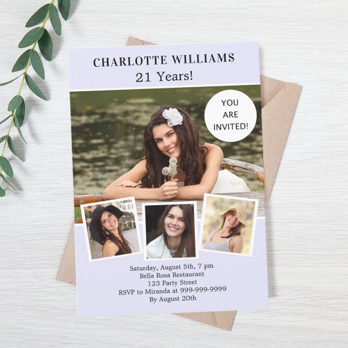 Birthday party lavender photo collage luxury invitation