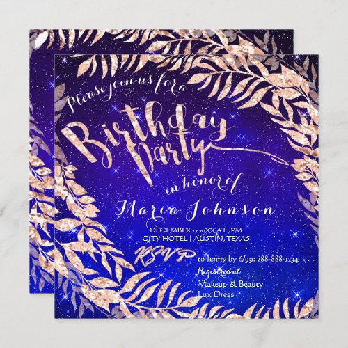 Birthday Party Leaf Wreath Blue Stars Rose Gold Invitation