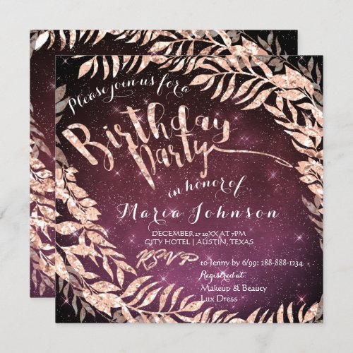 Birthday Party Leaf Wreath Burgund Stars Rose Gold Invitation