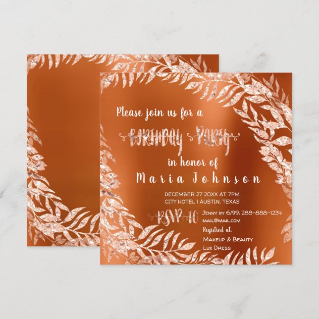 Birthday Party Leaf Wreath Glitter Rose Gold Coral Invitation (Front/Back)