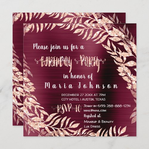 Birthday Party Leaf Wreath Glitter Rose Gold Maroo Invitation