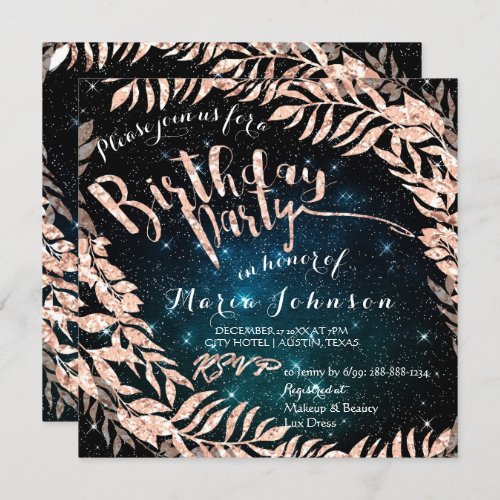 Birthday Party Leaf Wreath Glitter Stars Rose Gold Invitation