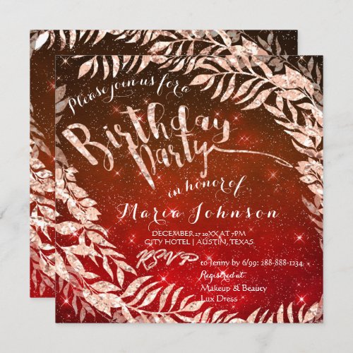 Birthday Party Leaf Wreath Maroon Star Rose Gold Invitation
