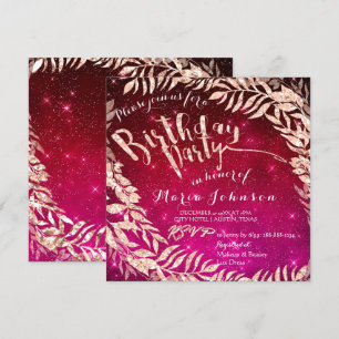 Birthday Party Leaf Wreath Pink Red Star Rose Gold Invitation