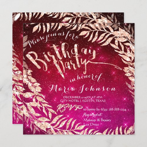 Birthday Party Leaf Wreath Pink Red Star Rose Gold Invitation