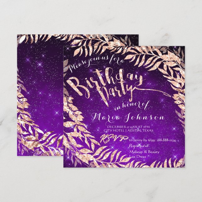 Birthday Party Leaf Wreath Purple Star Rose Gold Invitation (Front/Back)