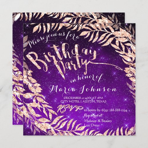 Birthday Party Leaf Wreath Purple Star Rose Gold Invitation
