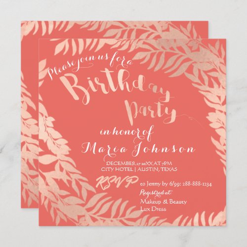 Birthday Party Leafs Wrath Pink Rose Gold Coral Invitation