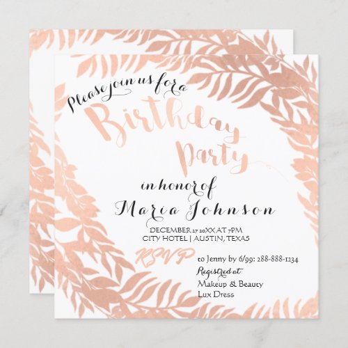 Birthday Party Leafs Wrath Pink White Rose Gold Invitation