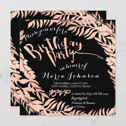 Birthday Party  Leafs Wreath Black Rose Gold Invitation