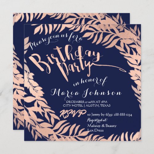 Birthday Party  Leafs Wreath Blue Navy Rose Gold Invitation