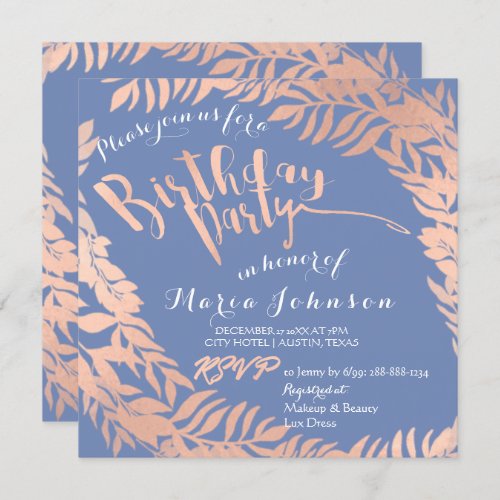 Birthday Party  Leafs Wreath Blue Pink Rose Gold Invitation