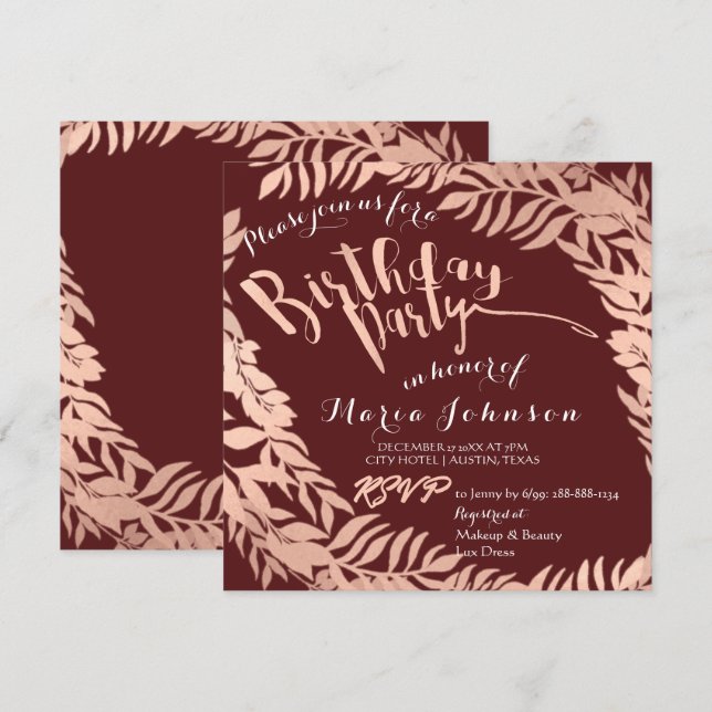 Birthday Party  Leafs Wreath Burgundy Rose Gold Invitation (Front/Back)