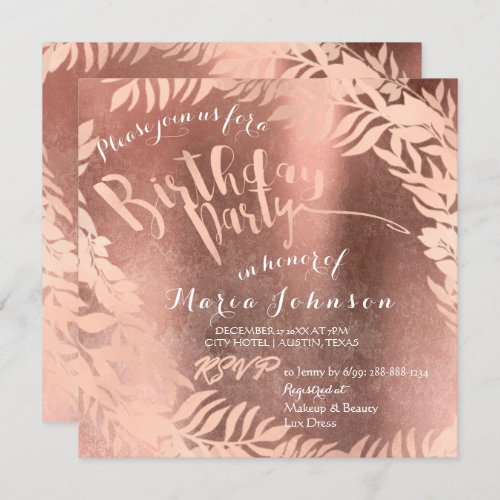 Birthday Party  Leafs Wreath Copper Rose Gold Invitation