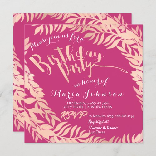 Birthday Party  Leafs Wreath Fuchsia Rose Gold Invitation