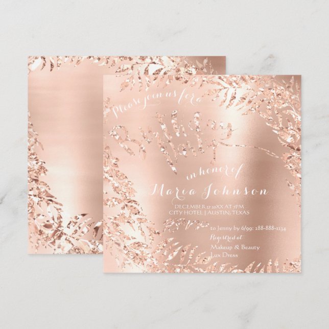 Birthday Party  Leafs Wreath Glam Pink Rose Gold Invitation (Front/Back)