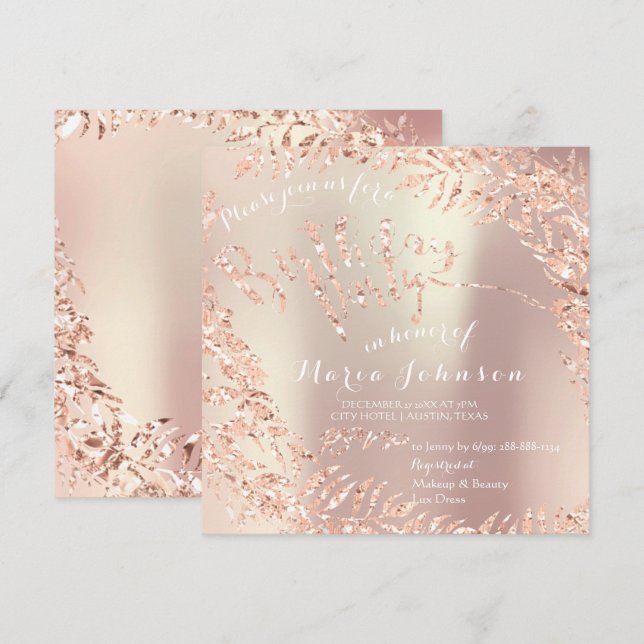 Birthday Party Leafs Wreath Glitter Pink Rose Gold Invitation (Front/Back)