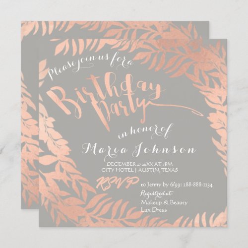 Birthday Party  Leafs Wreath Gray Pink Rose Gold Invitation