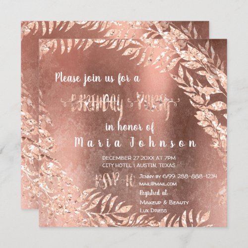 Birthday Party Leafs Wreath Grungy Pink Rose Gold Invitation