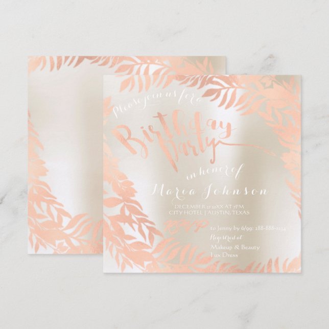 Birthday Party  Leafs Wreath Ivory Pearl Rose Gold Invitation (Front/Back)