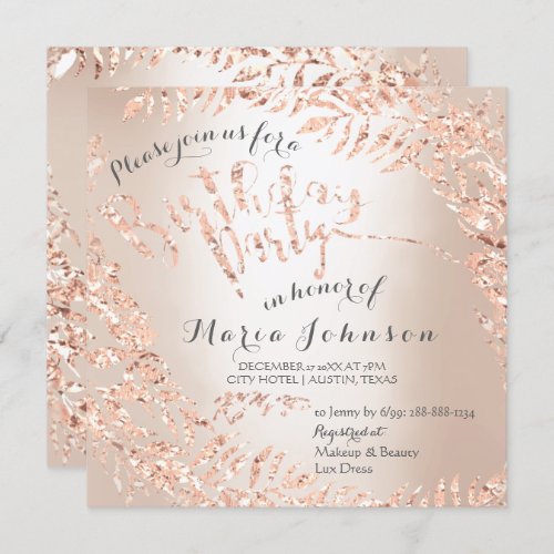 Birthday Party Leafs Wreath Ivory Pink Rose Gold Invitation