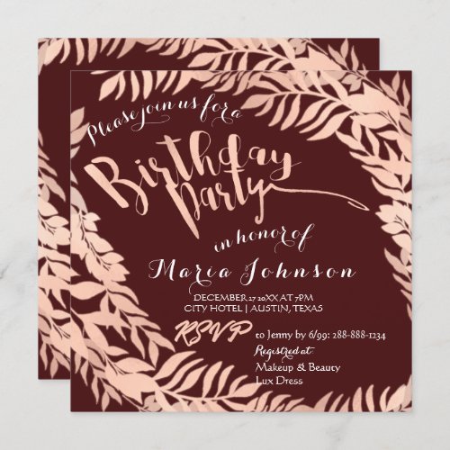 Birthday Party  Leafs Wreath Maroon Rose Gold Invitation