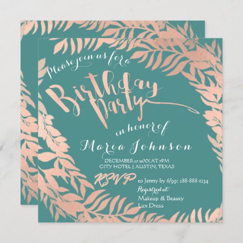 Birthday Party  Leafs Wreath Mint Pink Rose Gold Invitation