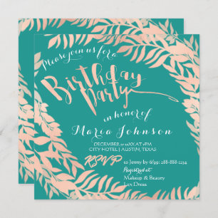Birthday Party Leafs Wreath Mint Teal Rose Gold Invitation