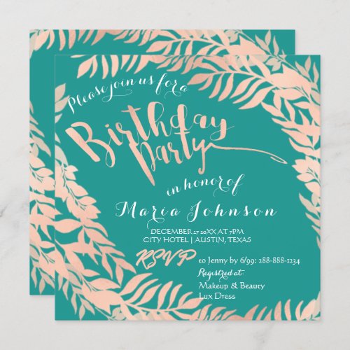 Birthday Party  Leafs Wreath Mint Teal Rose Gold Invitation
