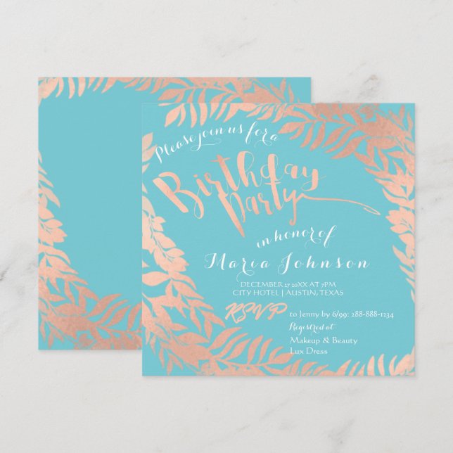 Birthday Party  Leafs Wreath Ocean Pink Rose Gold Invitation (Front/Back)