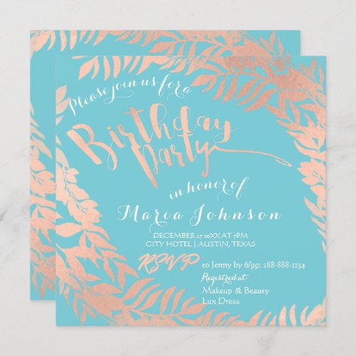 Birthday Party  Leafs Wreath Ocean Pink Rose Gold Invitation