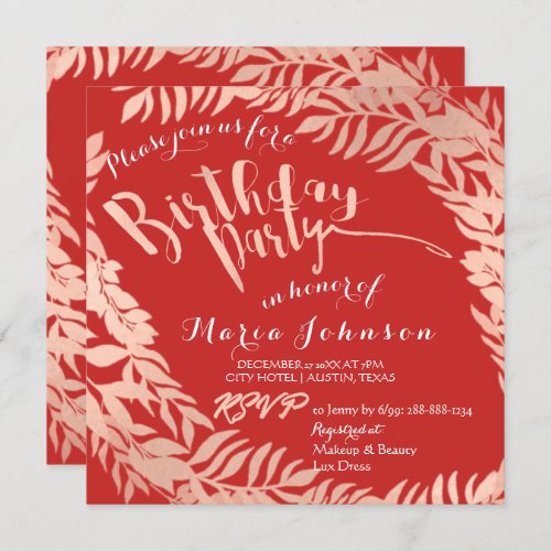 Birthday Party  Leafs Wreath Red Pink Rose Gold Invitation