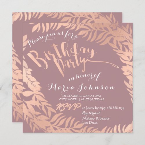 Birthday Party  Leafs Wreath Skinny Pink Rose Gold Invitation